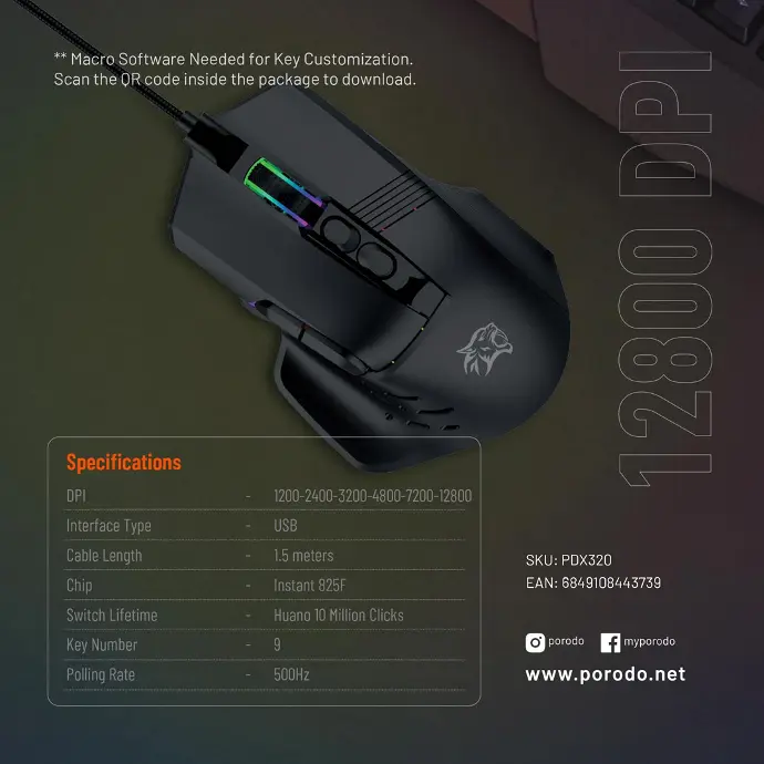 Porodo Gaming Keyboard & Mouse 9D Wired Mouse 9 Keys Black