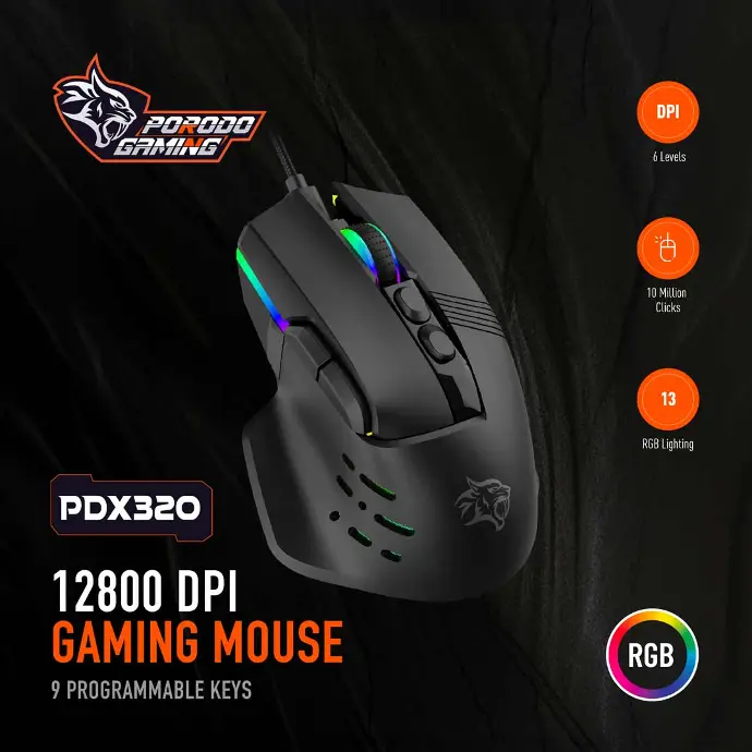 Porodo Gaming Keyboard & Mouse 9D Wired Mouse Braided Cable Black