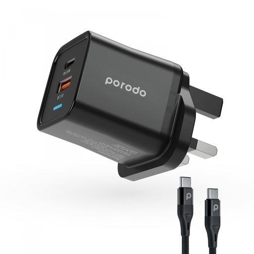 [PD-FWCH010-C-BK] Porodo Wall Charger UK 3-Pin & Braided Type-C to Type-C Cable 1.2m