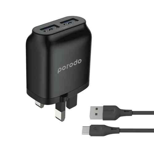 [PD-0203TU2-BK] Porodo Dual USB Wall Charger 2.4A PVC Type-C Cable 1.2m UK 3pin Plug, Fast Charge