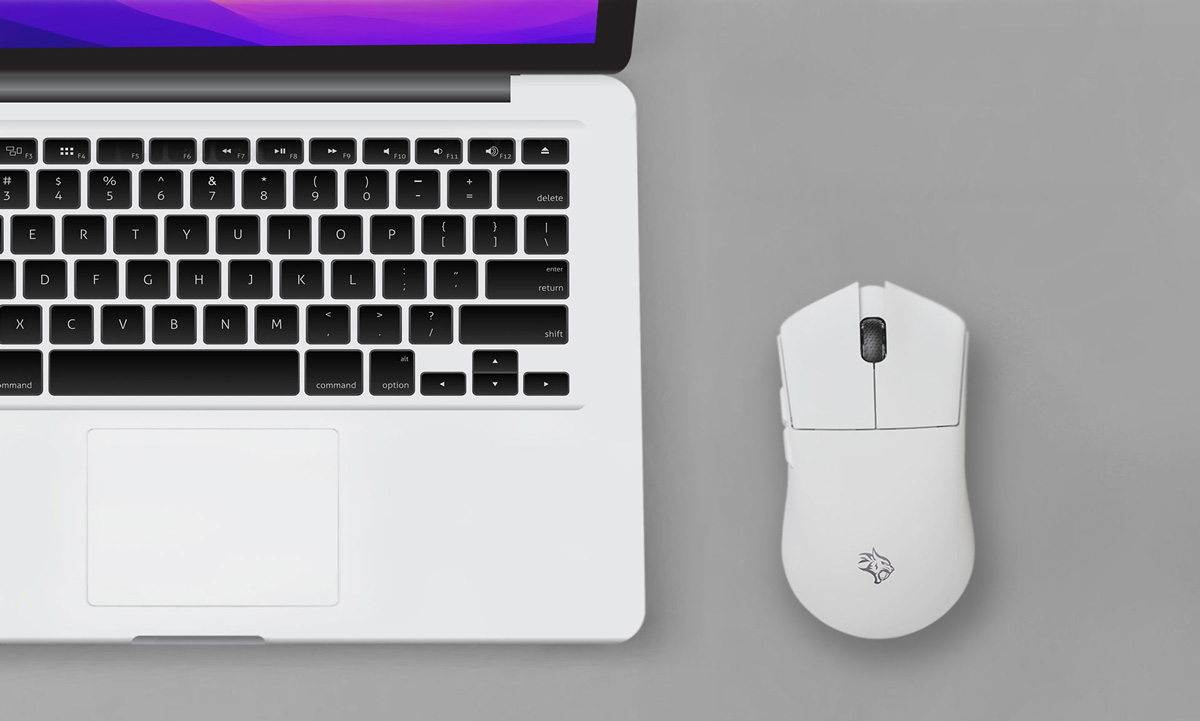 alt="there is a featherlight gaming mouse which is paired with a white laptop.