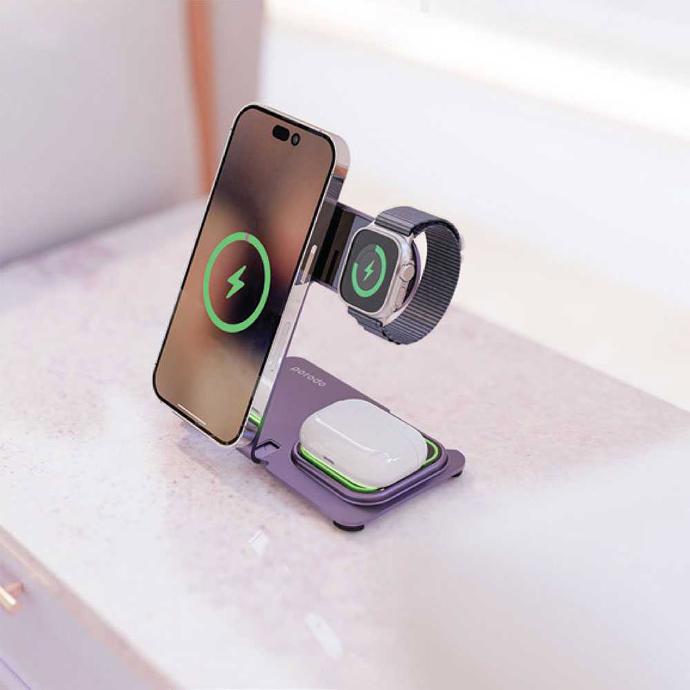 alt tag="Porodo Cables Porodo 3 in 1 Dual Coil Wireless Charging Dock 15W PD 20W Fast Charge Purple"
