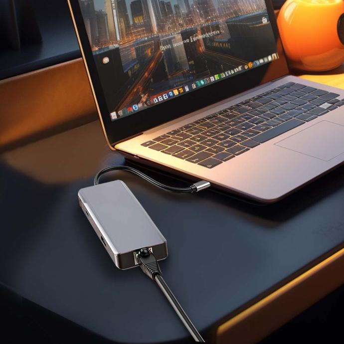 alt tag="Porodo Cables Porodo Porodo 9in1 USB-C Hub Type-C PD 100W HDMI Ethernet USB SD Card 3.5mm Aux Lightweight Grey"