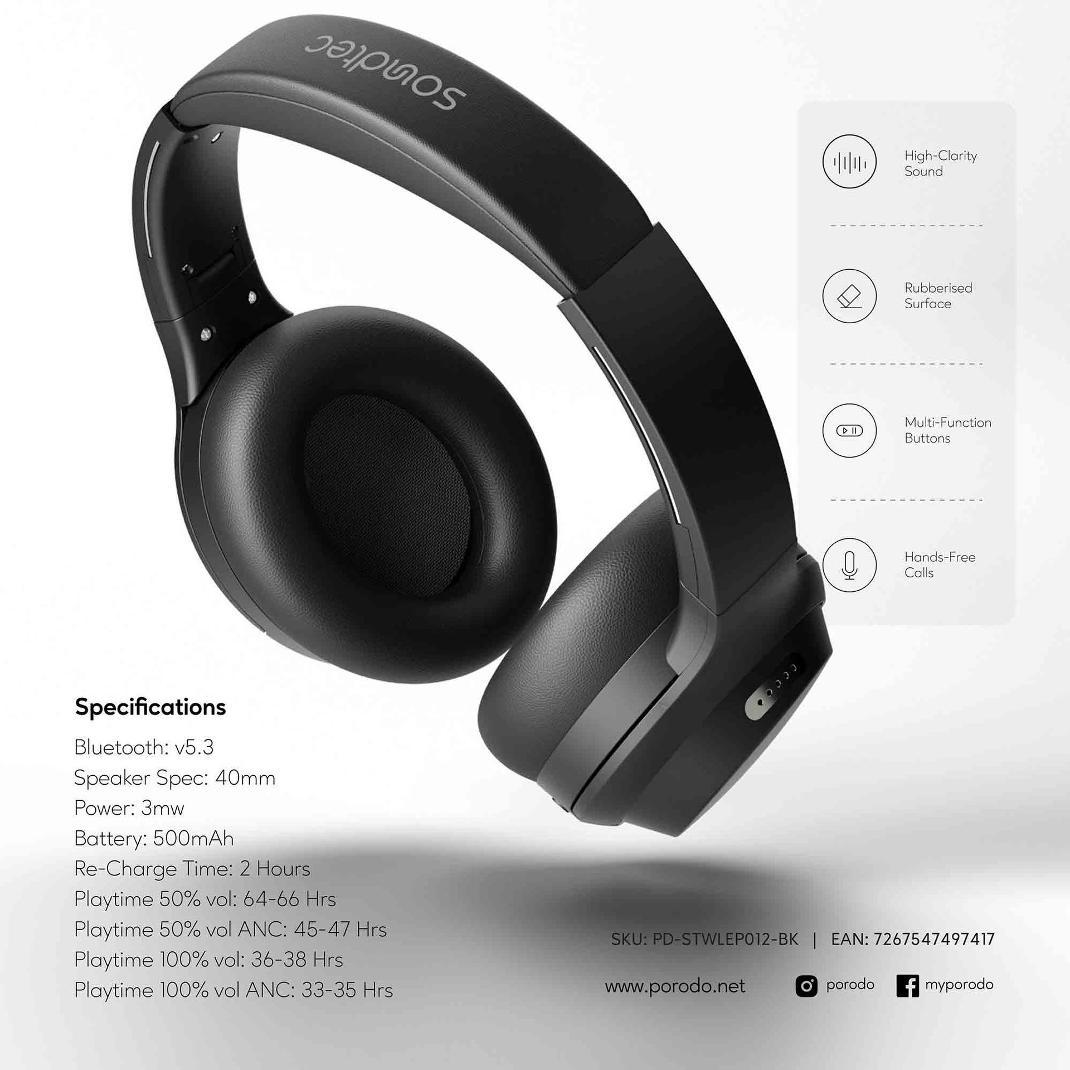 alt tag="Porodo Soundtec Hush Wireless Over-Ear ANC Headphone Portable Black"