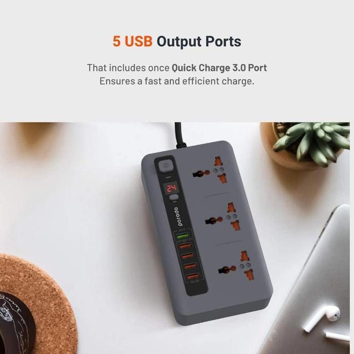 alt tag="Porodo 4 USB Port 3.4A + 1 QC 3.0 with 3 Universal Power Sockets 10A Fast Charge Grey"