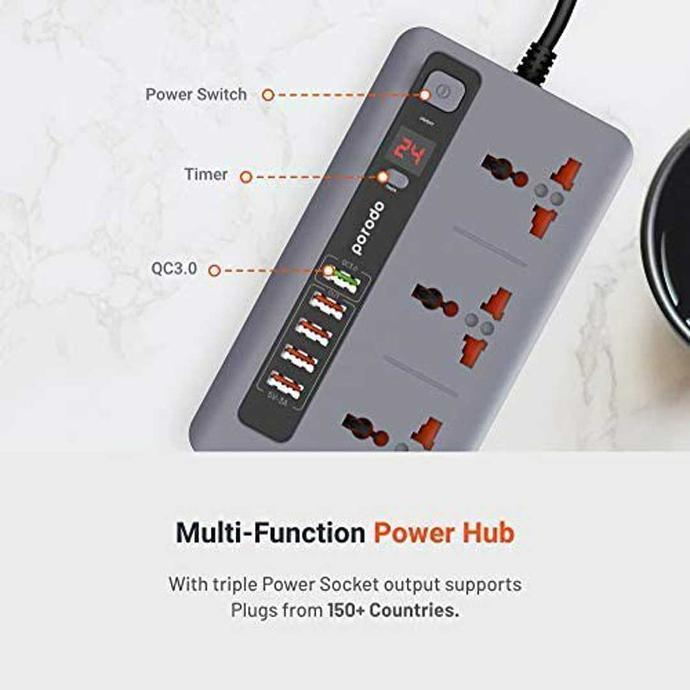 alt tag="Porodo 4 USB Port 3.4A + 1 QC 3.0 with 3 Universal Power Sockets 10A Multiport Grey"