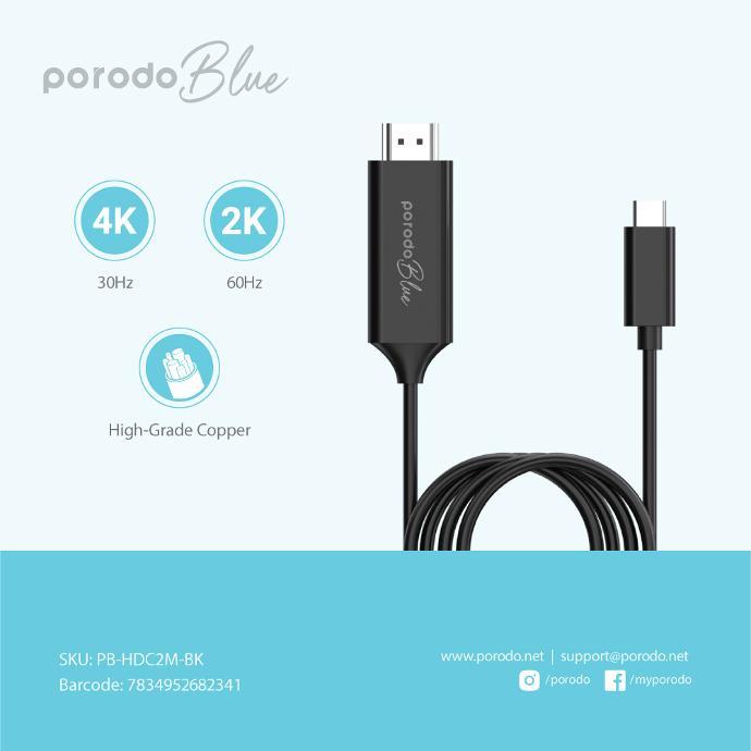 alt tag="Porodo Blue Type-C To HDMI Ultra HD Cable (2M) Compact Black"