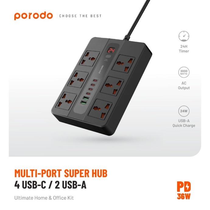 alt tag="Porodo 6 AC 2 USB-A 24W & 4 USB-C PD 36W Multi-Port Super Hub 2M 3000W UK Multiport Black"