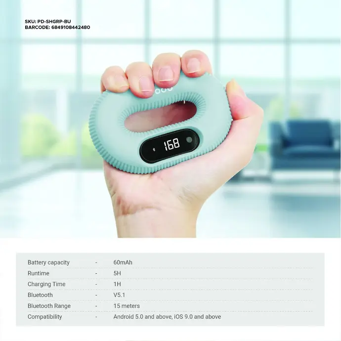 Alt=" Porodo Fitness Accessories Smart Hand Grip 60mAh Battery Capacity Light Blue"