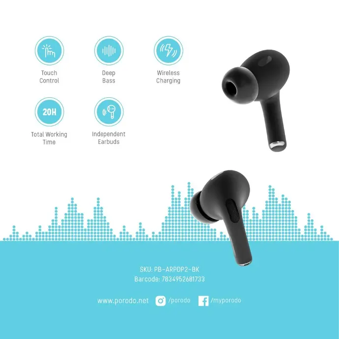 Porodo Blue Earbuds & Headphone Earbuds Pro 2 Wireless Charging Black