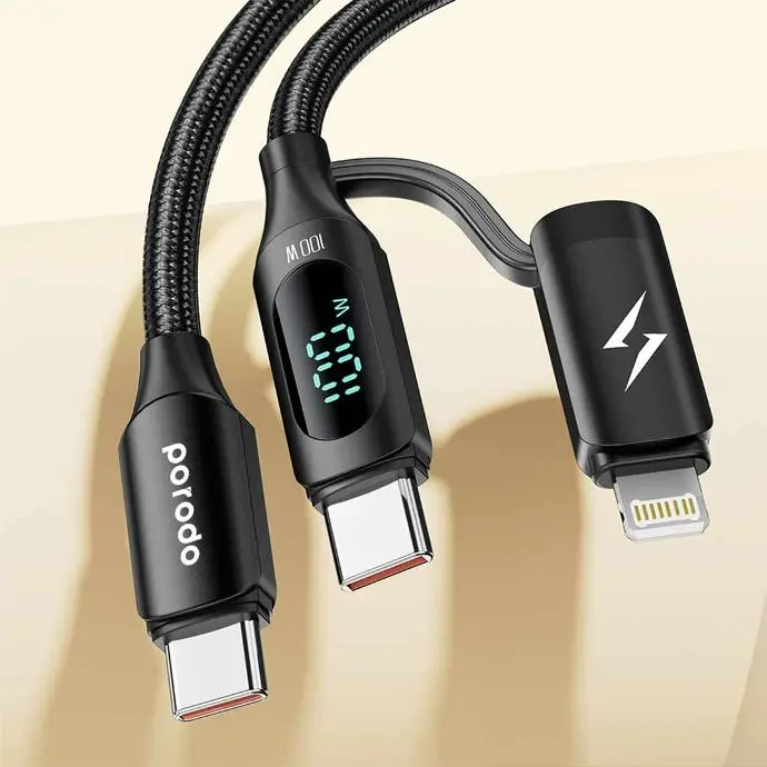 Porodo Cable Charger Adapter Fast Charging Cable 2 In 1 BLACK