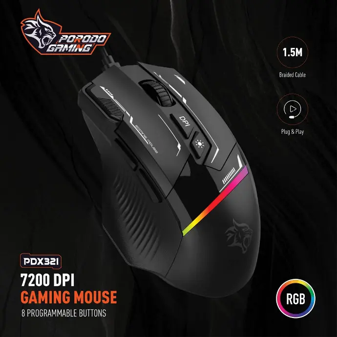 Porodo Gaming Keyboard & Mouse 8D Wired Mouse 8 Programmable Buttons Black 