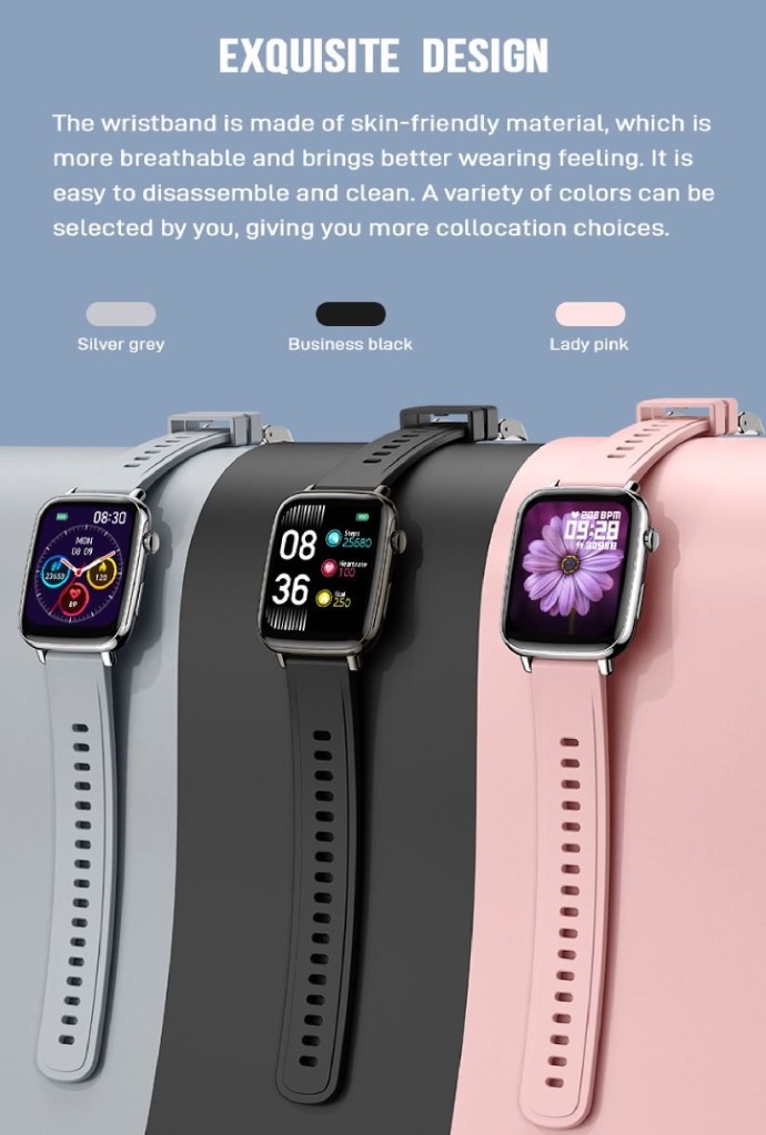 alt="Porodo smartwatch silver black and pink with details>"