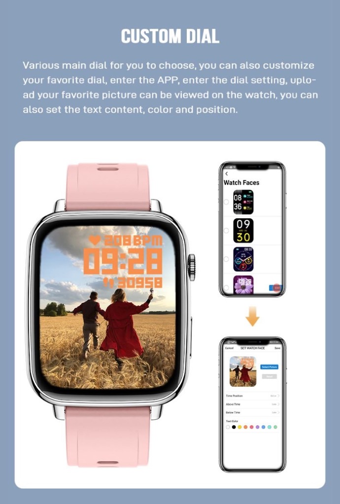 alt="pink Porodo smartwatch show cupels run at the farm with mobile picture beside smaetwatch