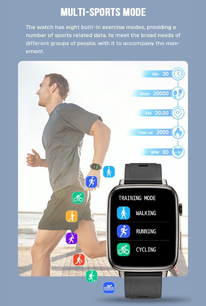 alt="man ware Porodo smartwatch and gray outfitrunnign and smartwatch shows body activity>"