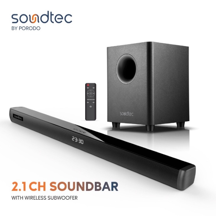 alt="Soundbar, wireless subwoofer and remote controller is included in the package"