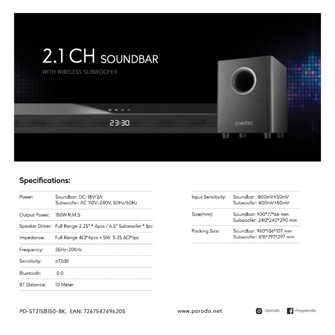 alt=" Showing specifications of soundbar system"