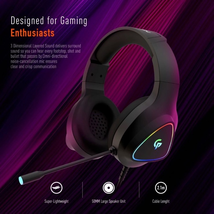 alt=" gaming headphone with RGB light showing features on display"