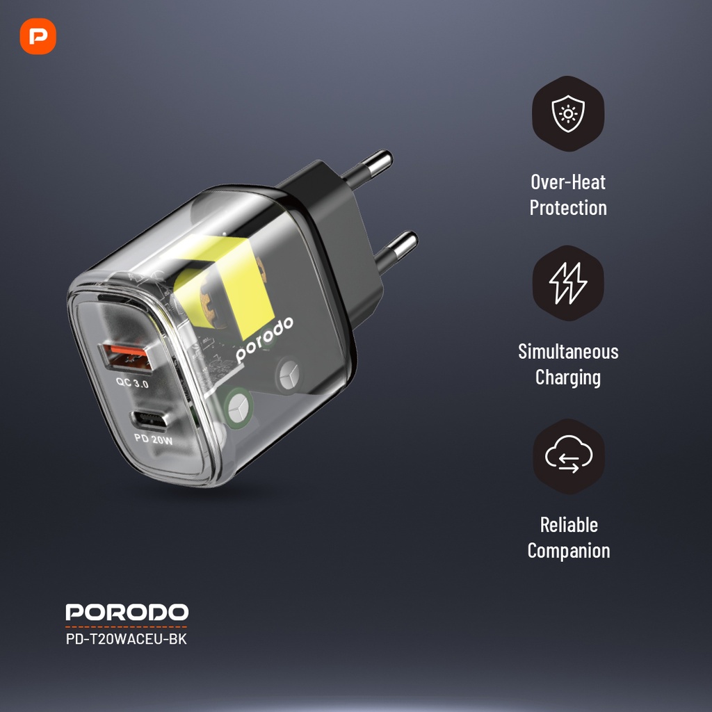 Porodo Dual Output Transparent Quick Charger PD 20W + QC 18W EU - Black