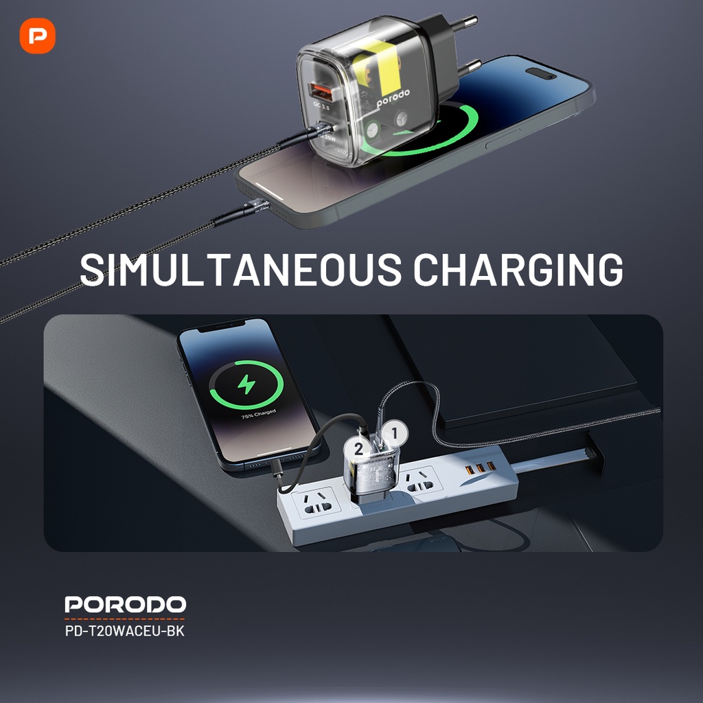 Porodo Dual Output Transparent Quick Charger PD 20W + QC 18W EU - Black