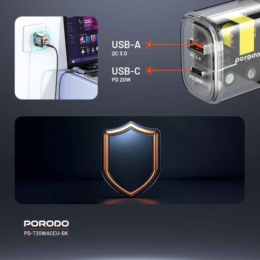 Porodo Dual Output Transparent Quick Charger PD 20W + QC 18W EU - Black
