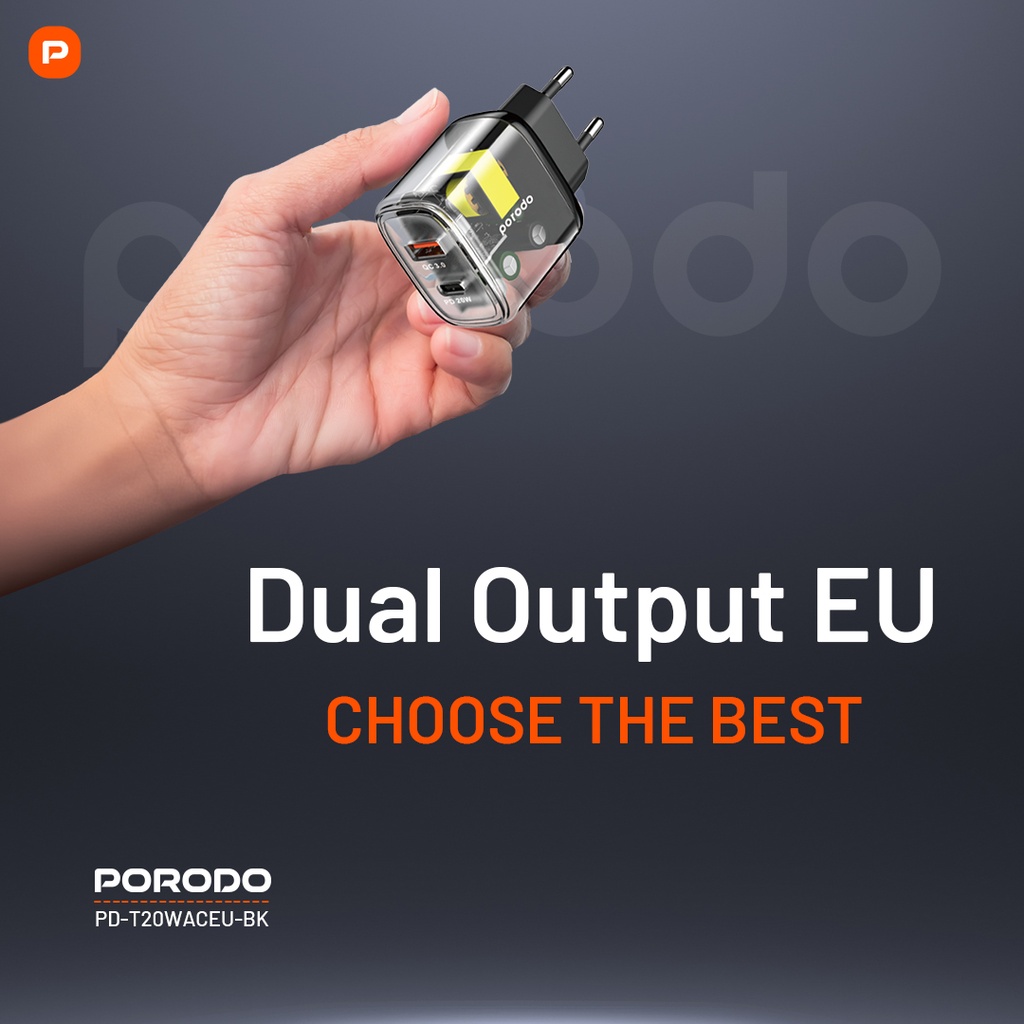 Porodo Dual Output Transparent Quick Charger PD 20W + QC 18W EU - Black