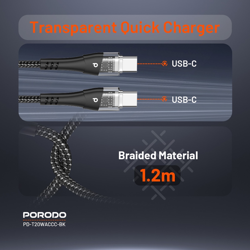 Porodo Dual Output Transparent Quick Charger USB-C PD And USB-A QC With USB-C To USB-C Cable 1.2m UK