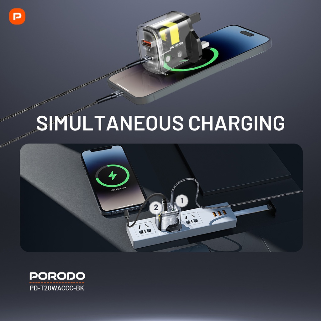 Porodo Dual Output Transparent Quick Charger USB-C PD And USB-A QC With USB-C To USB-C Cable 1.2m UK