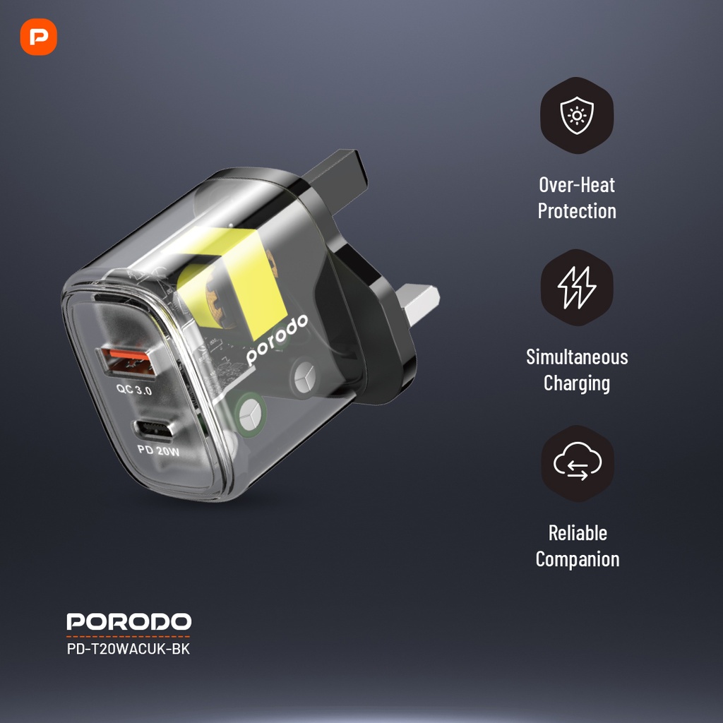 Porodo Dual Output Transparent Quick Charger PD 20W + QC 18W UK - Black