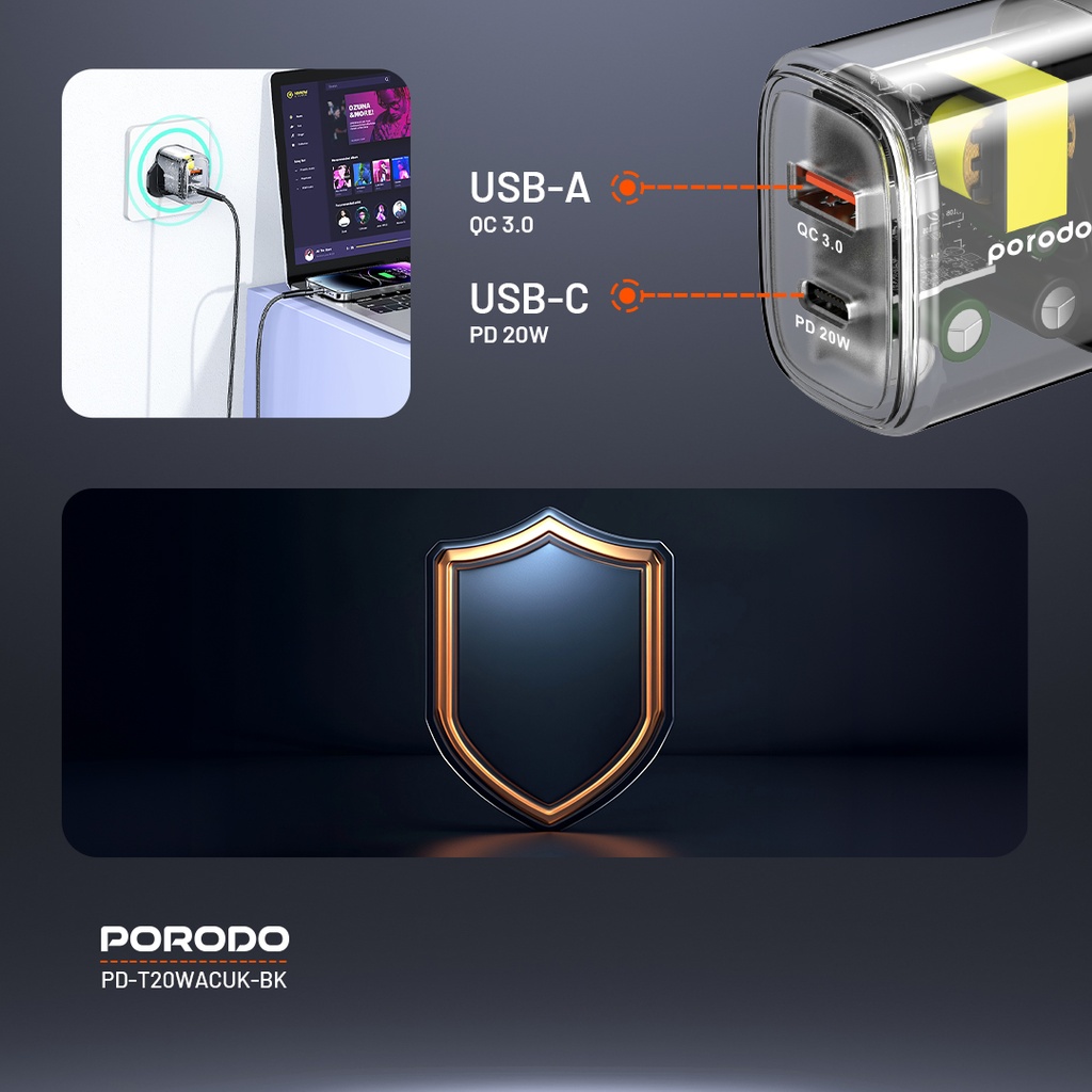 Porodo Dual Output Transparent Quick Charger PD 20W + QC 18W UK - Black