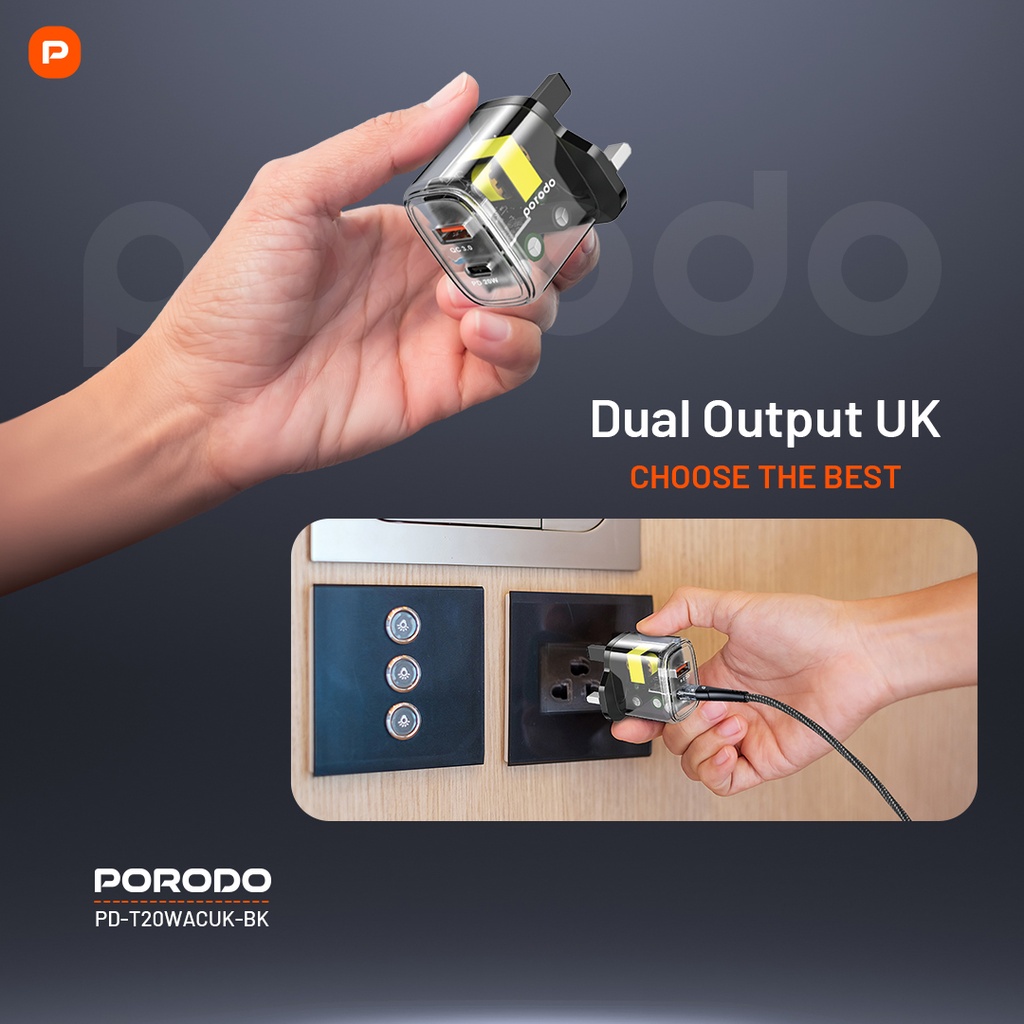 Porodo Dual Output Transparent Quick Charger PD 20W + QC 18W UK - Black