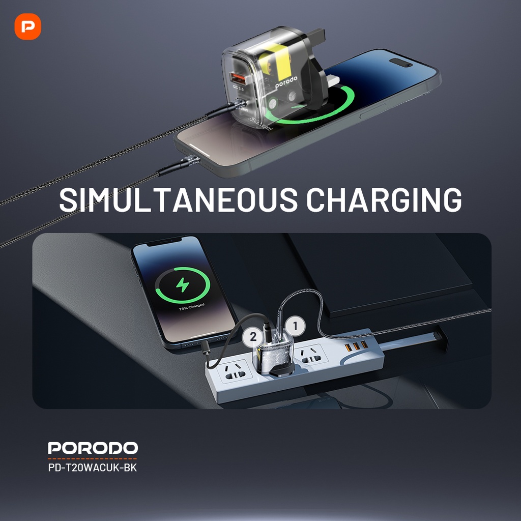 Porodo Dual Output Transparent Quick Charger PD 20W + QC 18W UK - Black