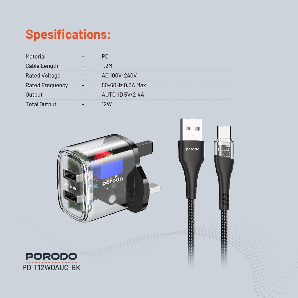 Porodo Dual Output Transparent Charger 2.4A UK with USB-A to USB-C Cable - Black