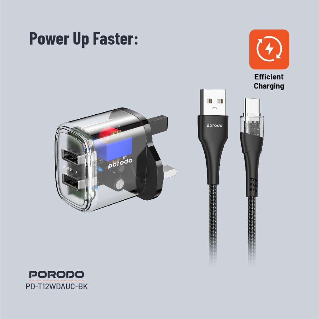 Porodo Dual Output Transparent Charger 2.4A UK with USB-A to USB-C Cable - Black