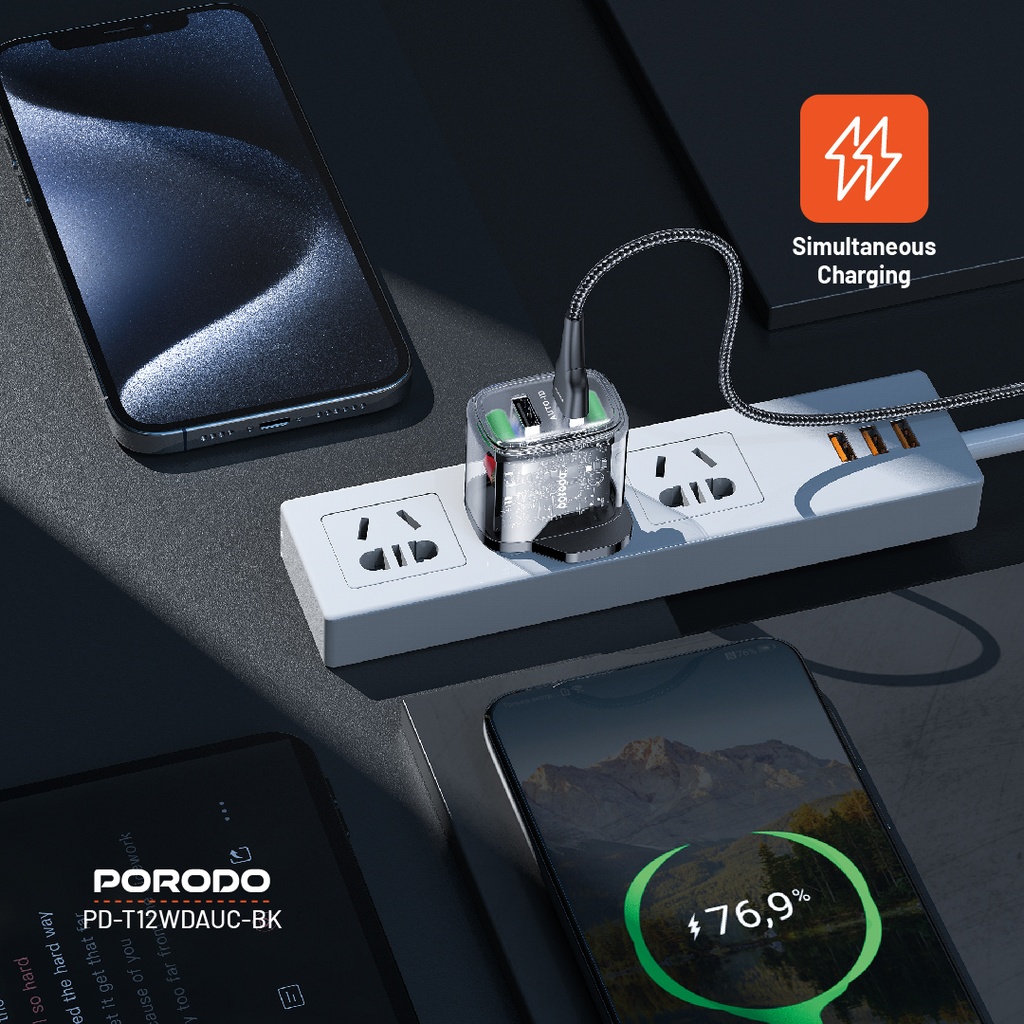 Porodo Dual Output Transparent Charger 2.4A UK with USB-A to USB-C Cable - Black