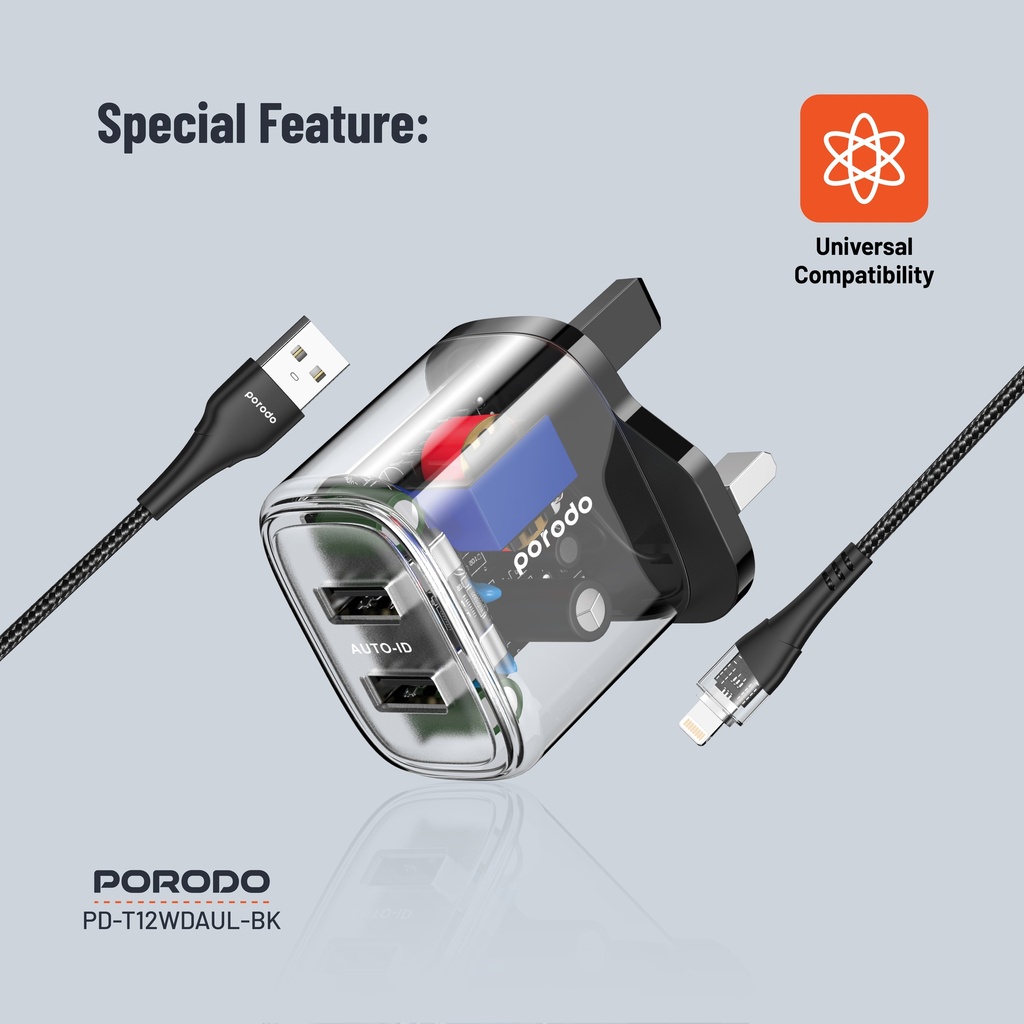 Porodo Dual Output Transparent Charger 2.4A UK with USB-A to Lightning Cable 1.2M - Black