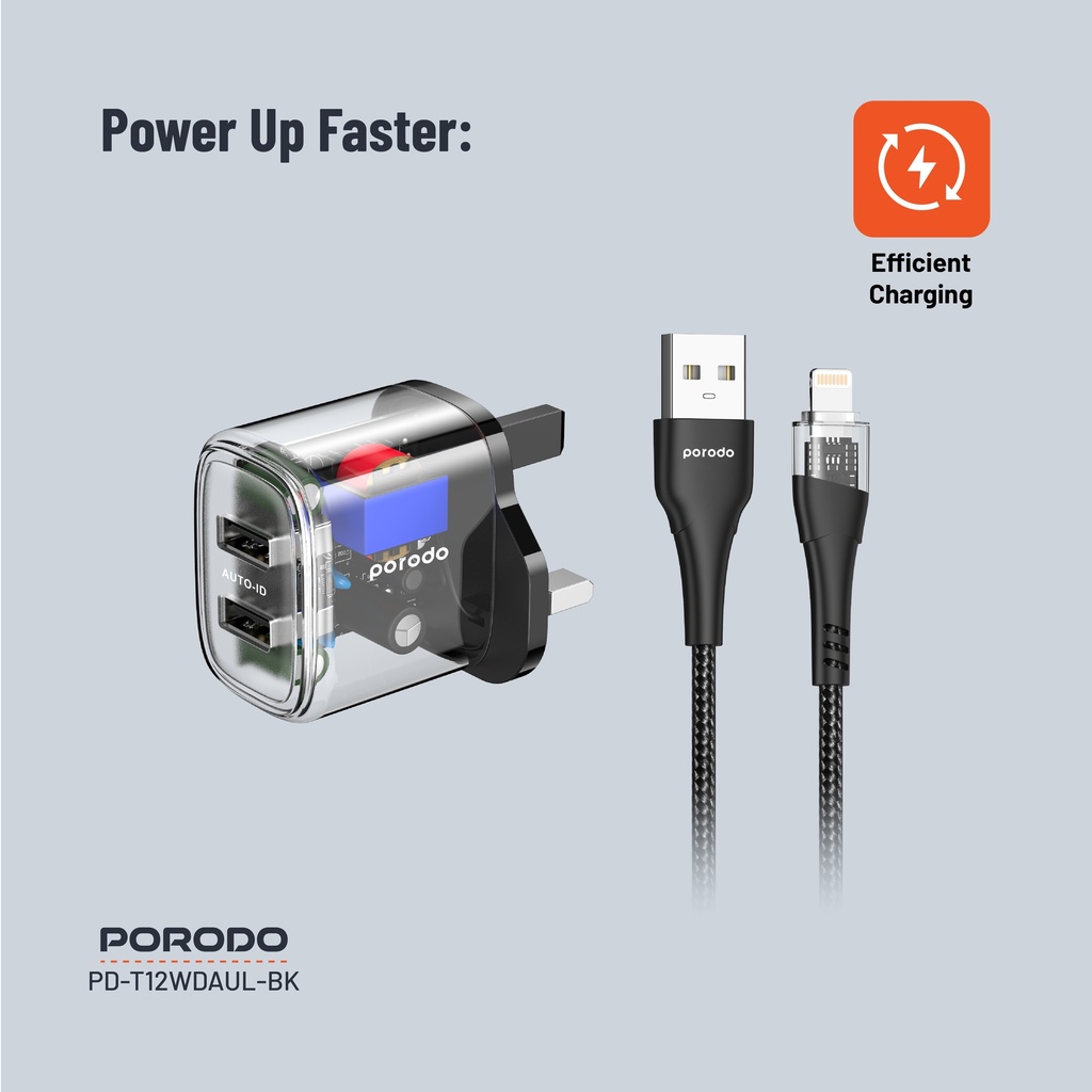Porodo Dual Output Transparent Charger 2.4A UK with USB-A to Lightning Cable 1.2M - Black