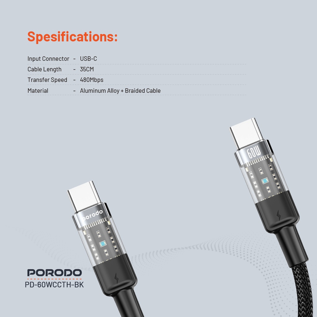 Porodo Braided 60W PD C to C Fast Charging Cable with Transparent Head 35cm