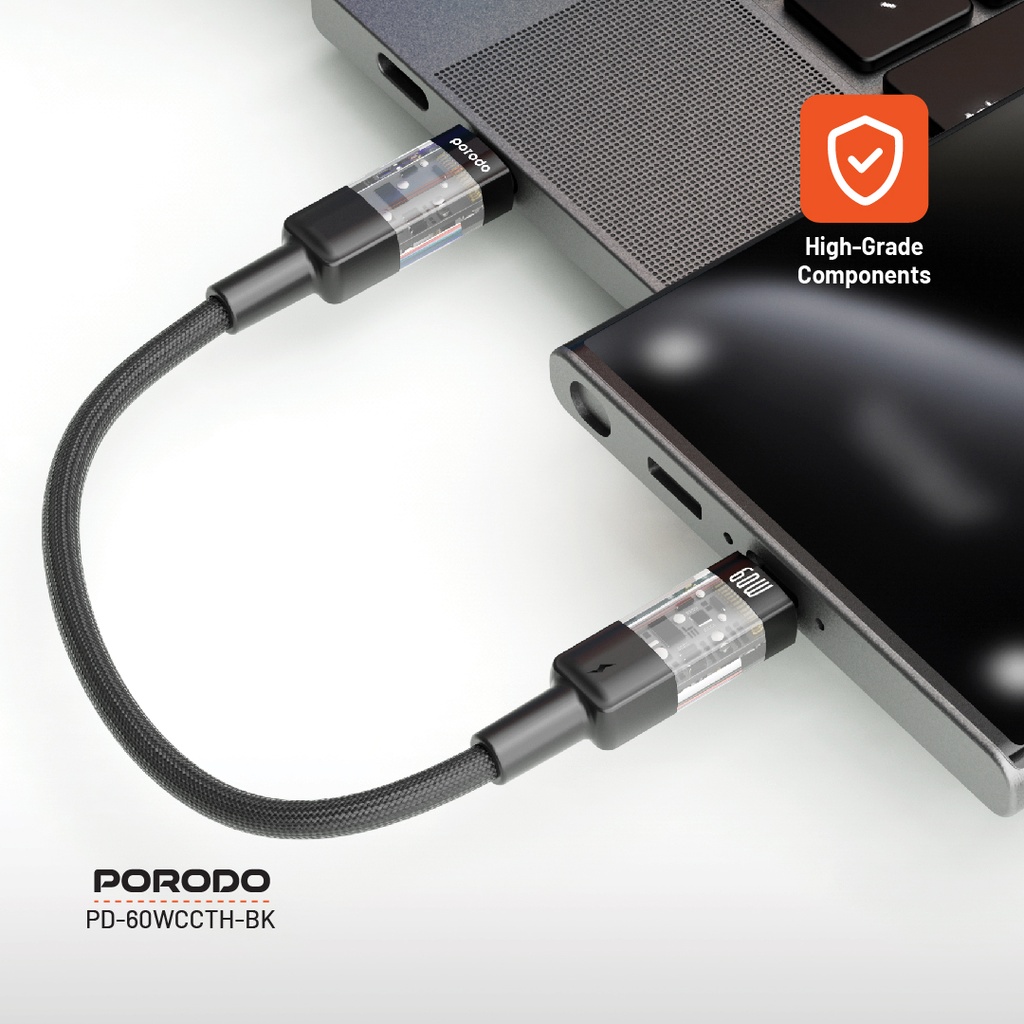 Porodo Braided 60W PD C to C Fast Charging Cable with Transparent Head 35cm