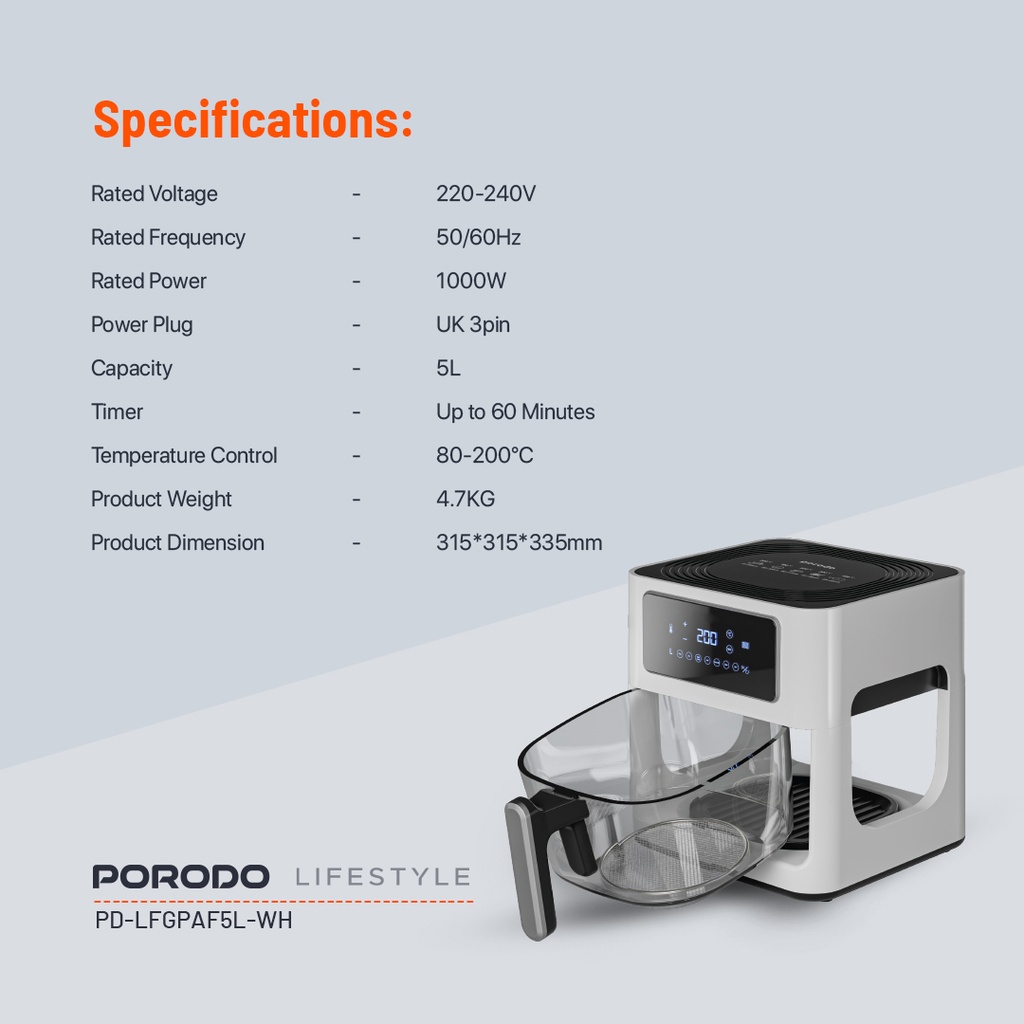 Porodo LifeStyle 5L Glass Pot Air Fryer - White
