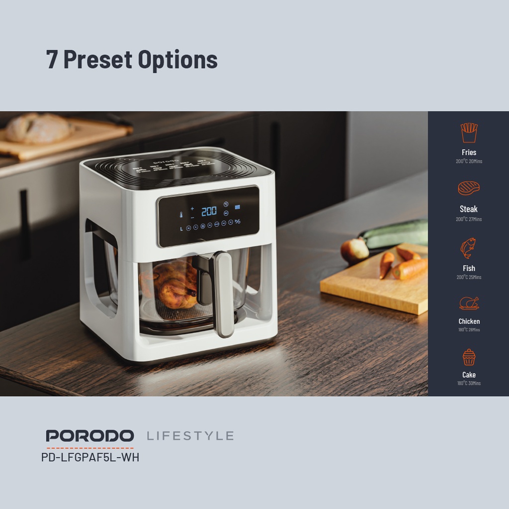 Porodo LifeStyle 5L Glass Pot Air Fryer - White