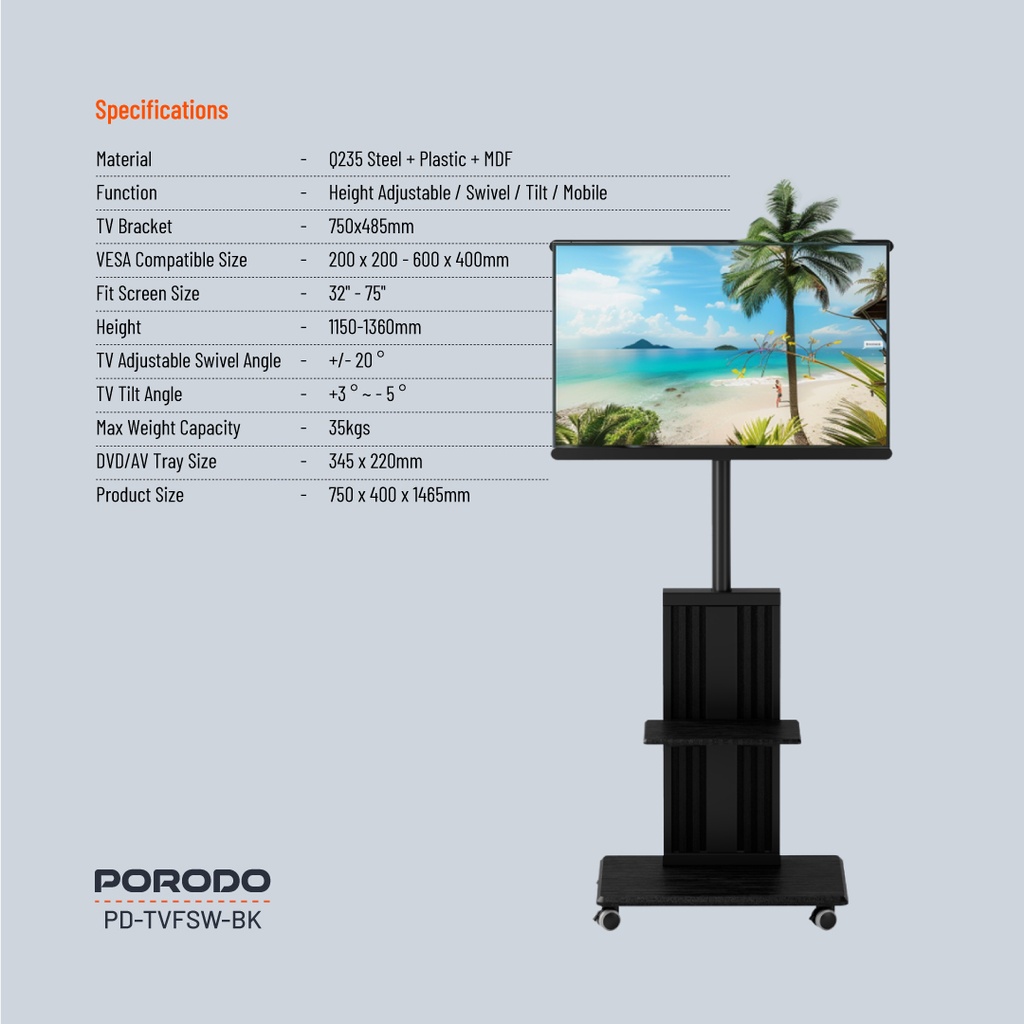 Porodo 32"-75" TV Floor Stand With Wheels 