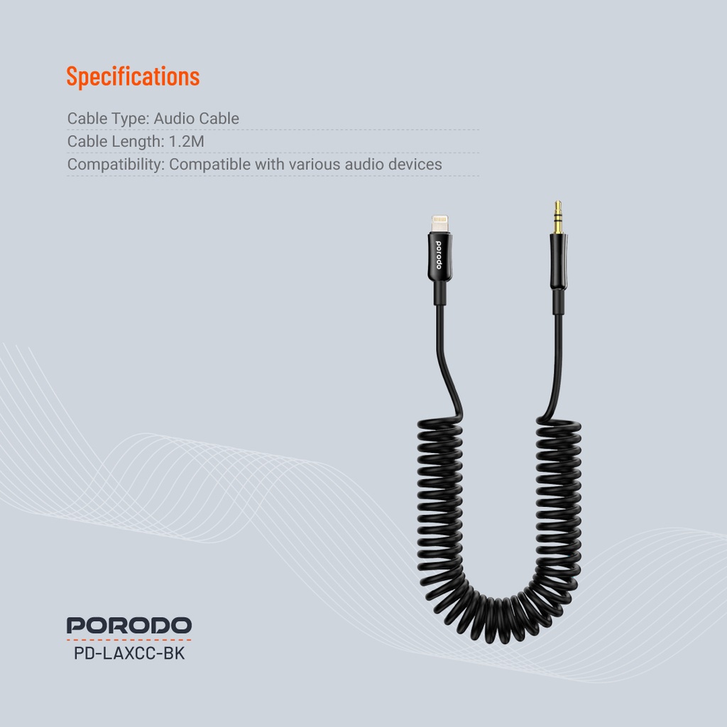 Porodo Lightning to AUX Coil Cable 1.2M - Black 
