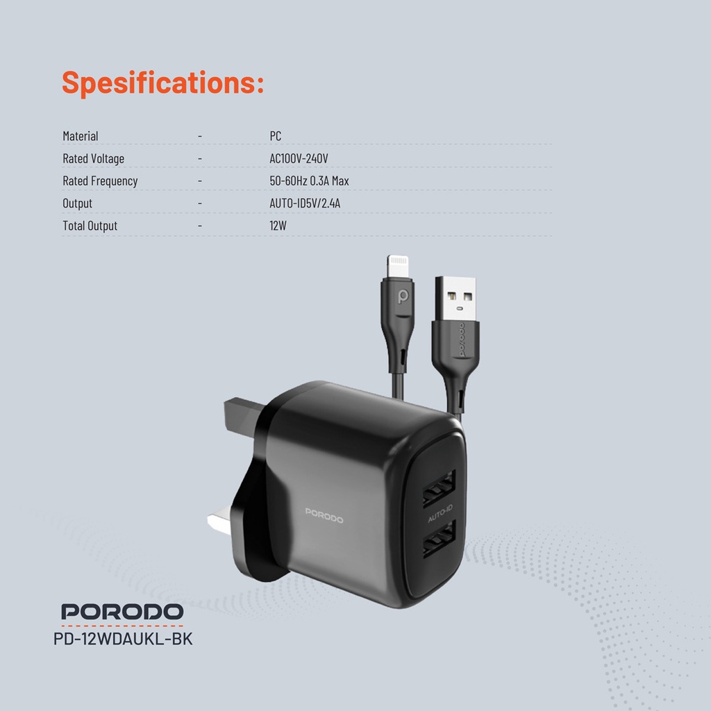 Porodo Dual Output Charger With USB-A Lightning Cable 1.2M