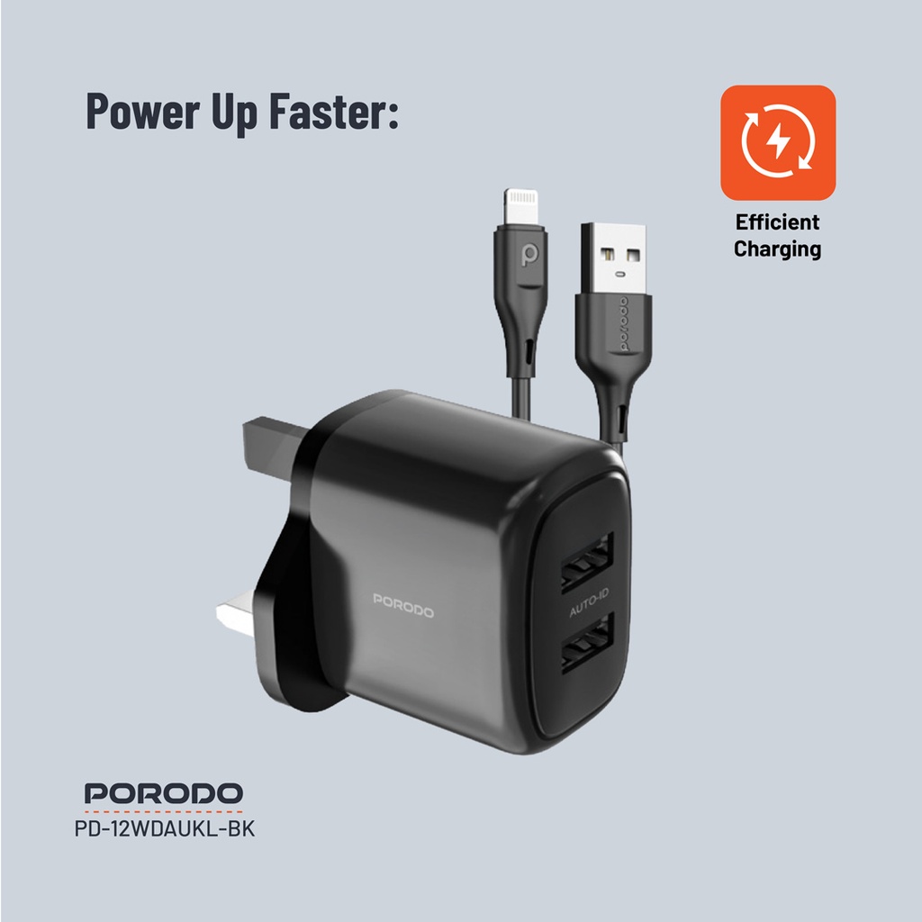 Porodo Dual Output Charger With USB-A Lightning Cable 1.2M