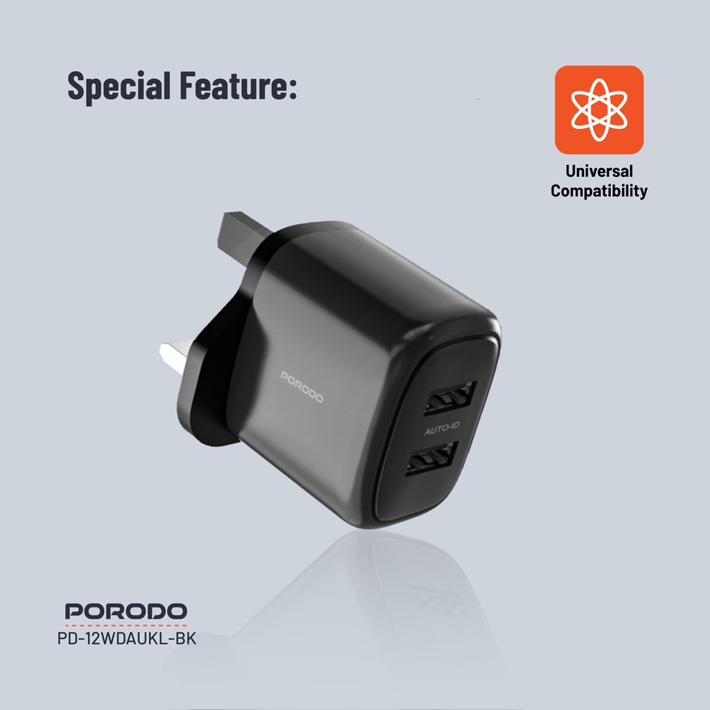 Porodo Dual Output Charger With USB-A Lightning Cable 1.2M