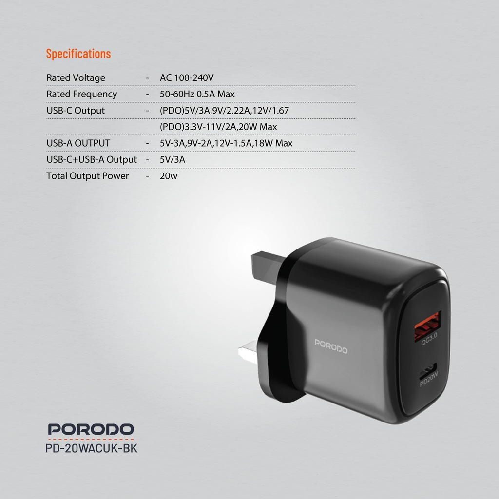 Porodo 20W+QC USB A+C Charger UK - Black