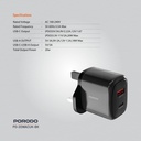 Porodo 20W+QC USB A+C Charger UK - Black