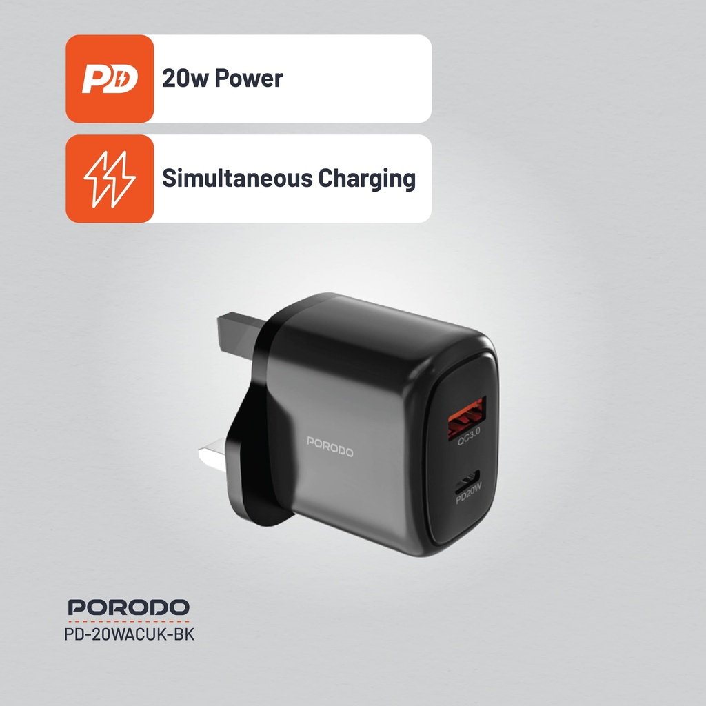 Porodo 20W+QC USB A+C Charger UK - Black