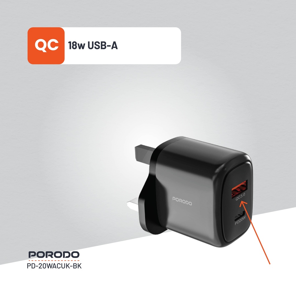 Porodo 20W+QC USB A+C Charger UK - Black